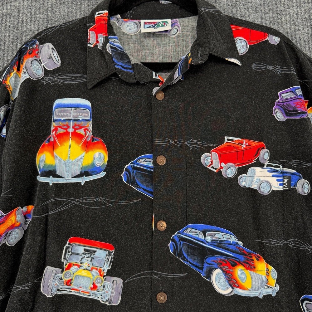 Vintage Hot Rod Cars Hawaiian Shirt USA‎ Rockabilly Y2K 1XT Black